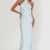 Italia Azure Crossover Halterneck Maxi Dress Ice Blue
