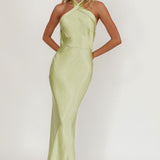 Italia Azure Crossover Halterneck Maxi Dress Pistachio