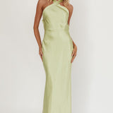 Italia Azure Crossover Halterneck Maxi Dress Pistachio