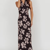 Italia Azure Halterneck Floral Maxi Dress Black