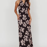 Italia Azure Halterneck Floral Maxi Dress Black
