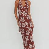 Italia Azure Halterneck Floral Maxi Dress Brown