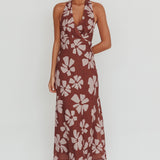Italia Azure Halterneck Floral Maxi Dress Brown
