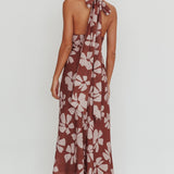 Italia Azure Halterneck Floral Maxi Dress Brown