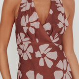Italia Azure Halterneck Floral Maxi Dress Brown