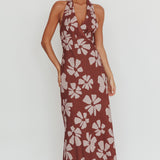 Italia Azure Halterneck Floral Maxi Dress Brown