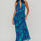 Italia Azure Halterneck Maxi Dress Abstract Blue