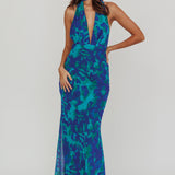 Italia Azure Halterneck Maxi Dress Abstract Blue