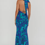 Italia Azure Halterneck Maxi Dress Abstract Blue