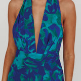 Italia Azure Halterneck Maxi Dress Abstract Blue