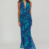 Italia Azure Halterneck Maxi Dress Abstract Blue