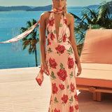Italia Azure Halterneck Maxi Dress Rose