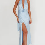 Italia Azure Halterneck Rosette Maxi Dress Blue
