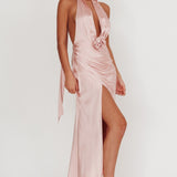 Italia Azure Halterneck Rosette Maxi Dress Blush