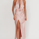 Italia Azure Halterneck Rosette Maxi Dress Blush
