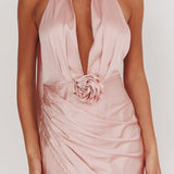 Italia Azure Halterneck Rosette Maxi Dress Blush