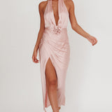 Italia Azure Halterneck Rosette Maxi Dress Blush