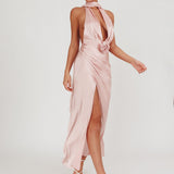 Italia Azure Halterneck Rosette Maxi Dress Blush