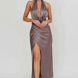 Italia Azure Halterneck Rosette Maxi Dress Grey
