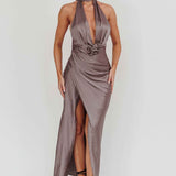 Italia Azure Halterneck Rosette Maxi Dress Grey