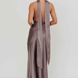 Italia Azure Halterneck Rosette Maxi Dress Grey