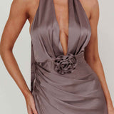 Italia Azure Halterneck Rosette Maxi Dress Grey