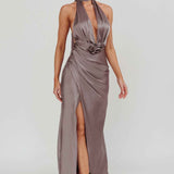 Italia Azure Halterneck Rosette Maxi Dress Grey