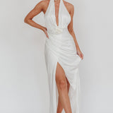 Italia Azure Halterneck Rosette Maxi Dress Oyster