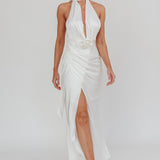 Italia Azure Halterneck Rosette Maxi Dress Oyster