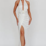 Italia Azure Halterneck Rosette Maxi Dress Oyster