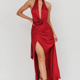 Italia Azure Halterneck Rosette Maxi Dress Wine
