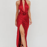 Italia Azure Halterneck Rosette Maxi Dress Wine