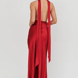 Italia Azure Halterneck Rosette Maxi Dress Wine