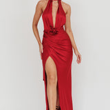 Italia Azure Halterneck Rosette Maxi Dress Wine
