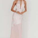 Italia Azure Halterneck Sheer Hem Maxi Dress Blush