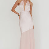 Italia Azure Halterneck Sheer Hem Maxi Dress Blush