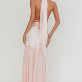 Italia Azure Halterneck Sheer Hem Maxi Dress Blush