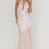 Italia Azure Halterneck Sheer Hem Maxi Dress Blush