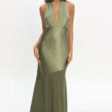 Italia Azure Halterneck Sheer Hem Maxi Dress Olive