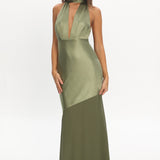 Italia Azure Halterneck Sheer Hem Maxi Dress Olive