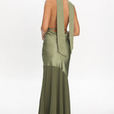 Italia Azure Halterneck Sheer Hem Maxi Dress Olive