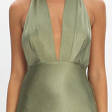 Italia Azure Halterneck Sheer Hem Maxi Dress Olive