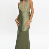 Italia Azure Halterneck Sheer Hem Maxi Dress Olive