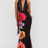 Italia Azure Halterneck Maxi Dress Flowers Black
