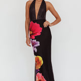 Italia Azure Halterneck Maxi Dress Flowers Black