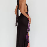 Italia Azure Halterneck Maxi Dress Flowers Black
