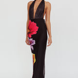Italia Azure Halterneck Maxi Dress Flowers Black