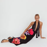 Italia Azure Halterneck Maxi Dress Flowers Black