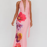Italia Azure Halterneck Maxi Dress Flowers Pink