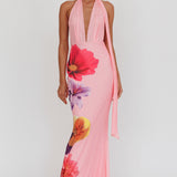 Italia Azure Halterneck Maxi Dress Flowers Pink
